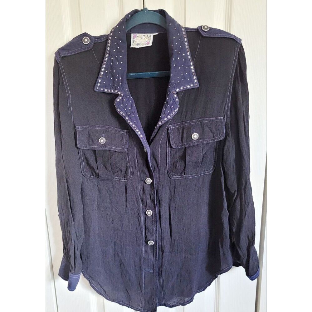Monique Fashions 12 Women's Vintage Blouse‎ Shirt Beaded Studded Navy Blue L/S